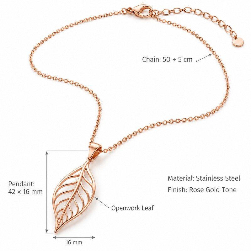 Leaf necklace dimensions, Stainless Steel material and specifications