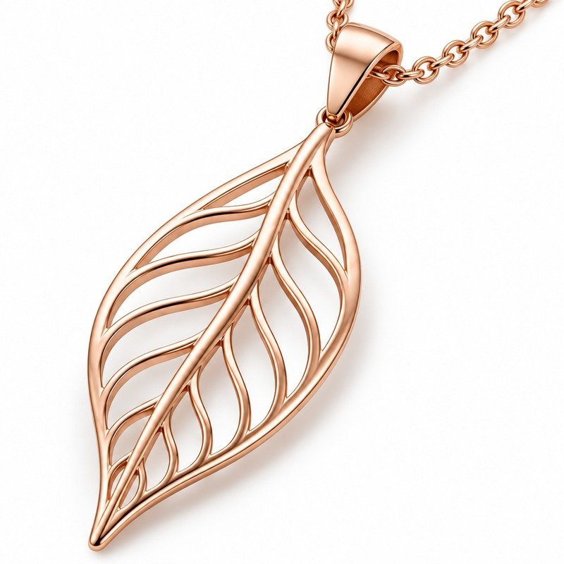 Openwork rose gold Stainless Steel leaf pendant craftsmanship close-up