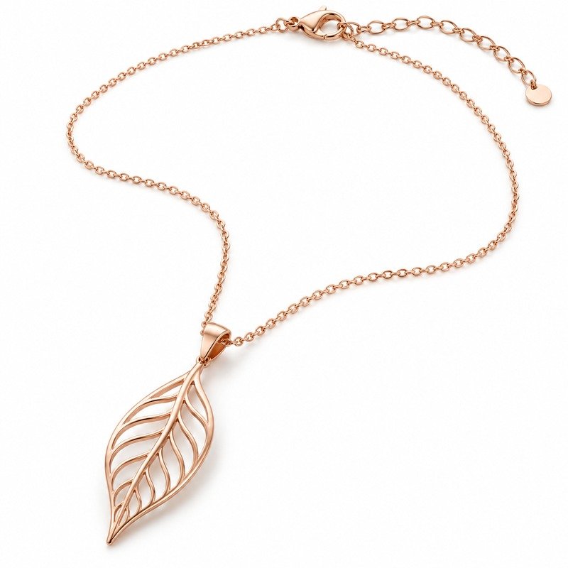 Women's rose gold Stainless Steel leaf pendant necklace on white background