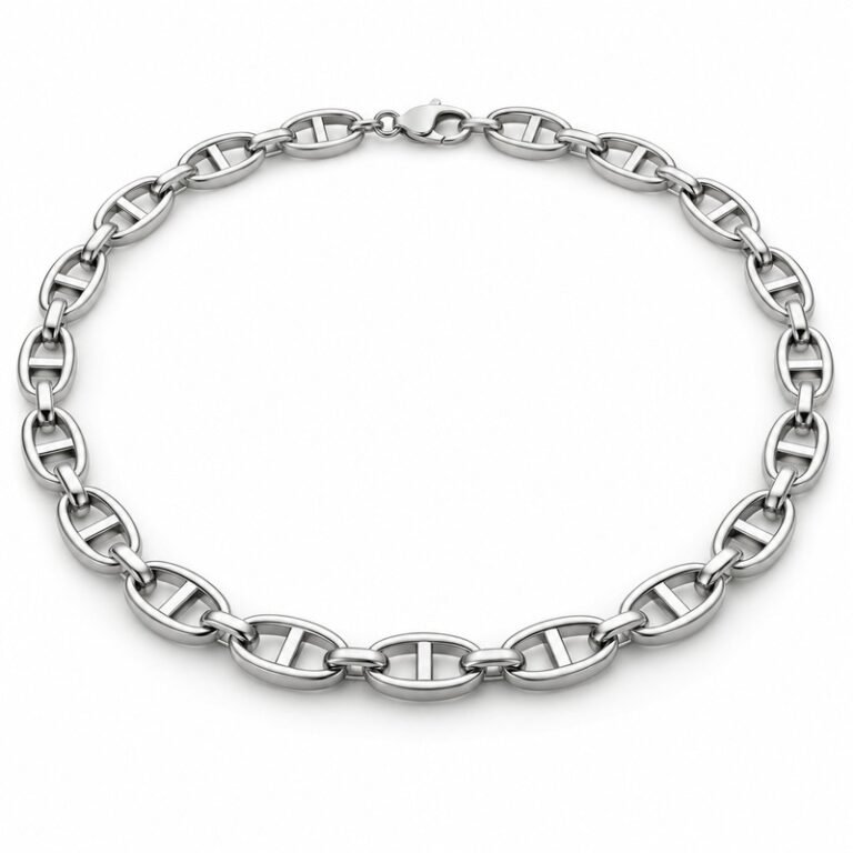 mens silver Stainless Steel mariner chain necklace, at a 45-degree angle on white