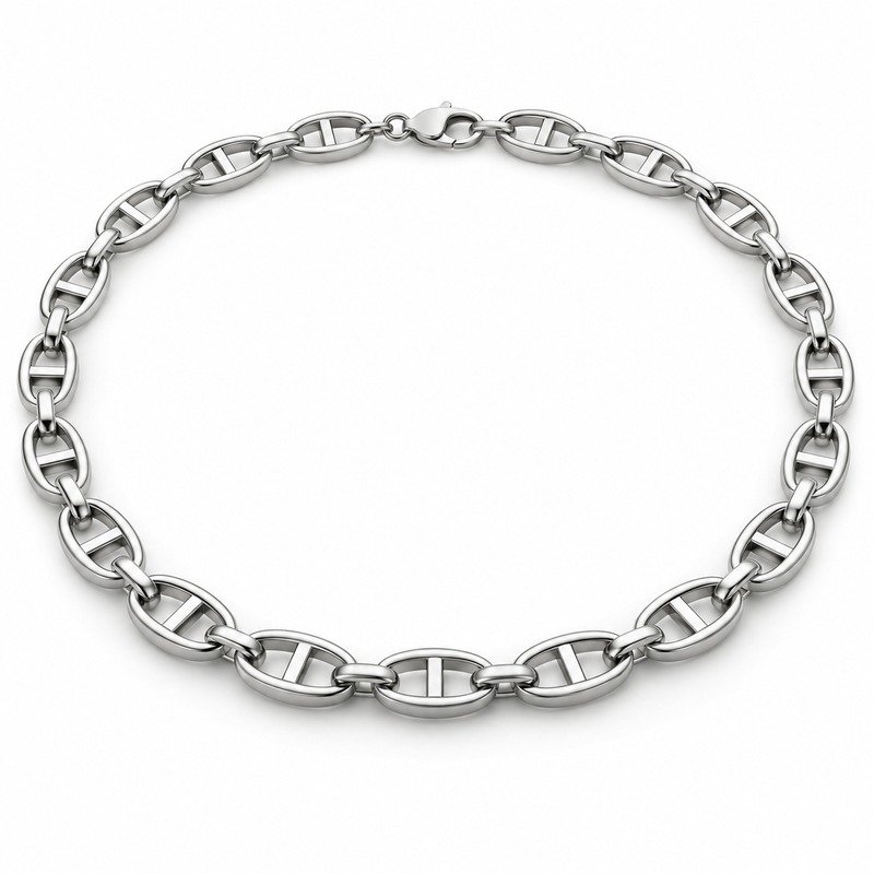mens silver Stainless Steel mariner chain necklace, at a 45-degree angle on white