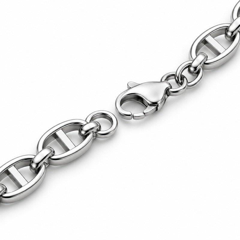 mens silver Stainless Steel mariner chain necklace, reverse links and clasp structure on white