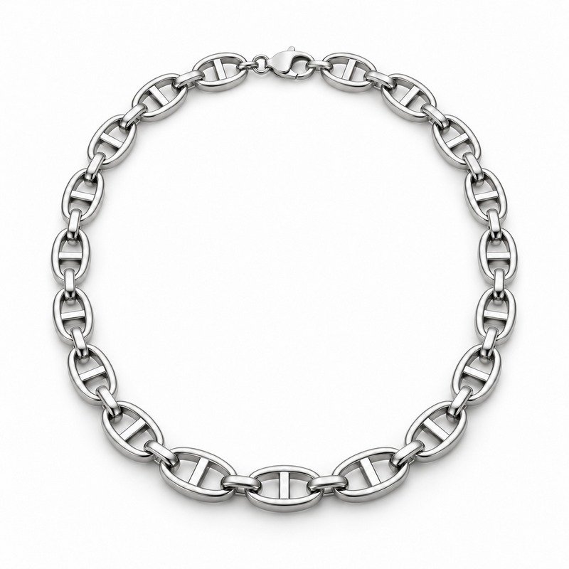 mens silver Stainless Steel mariner chain necklace, front view on white