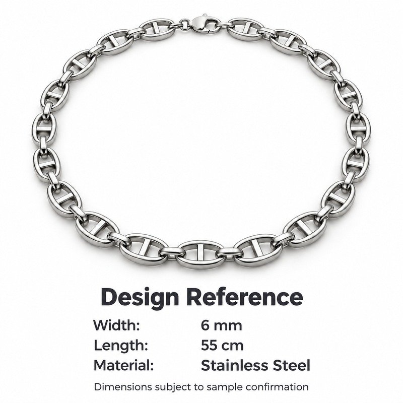 mens silver Stainless Steel mariner chain necklace, design reference dimensions and material specifications
