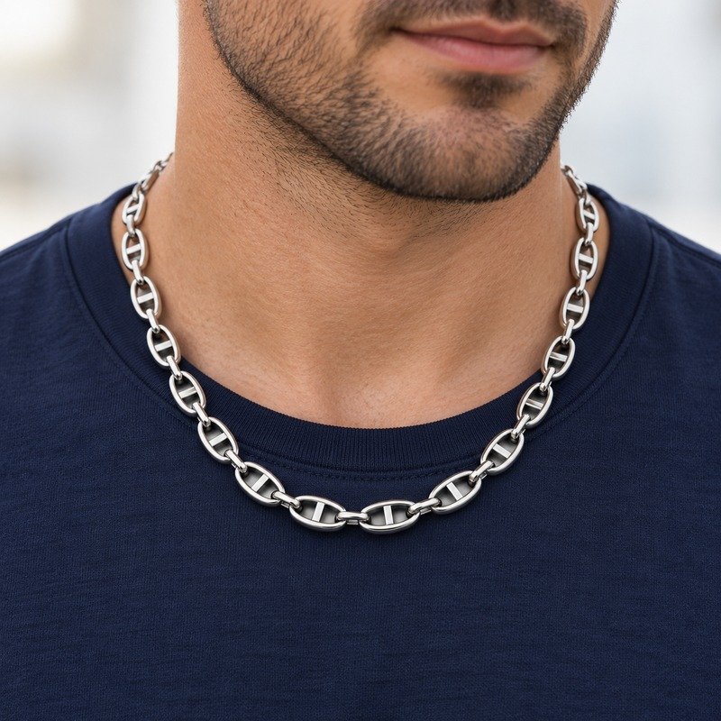 mens silver Stainless Steel mariner chain necklace, worn by an adult model