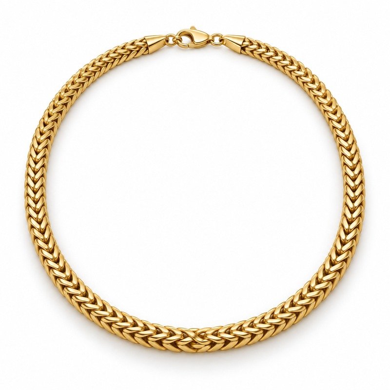 mens gold Stainless Steel foxtail chain necklace, at a 45-degree angle on white