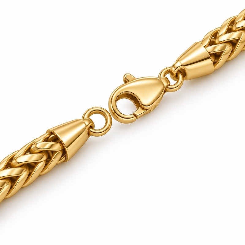 mens gold Stainless Steel foxtail chain necklace, reverse links and clasp structure on white