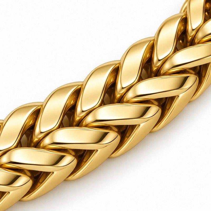mens gold Stainless Steel foxtail chain necklace, material and craftsmanship close-up