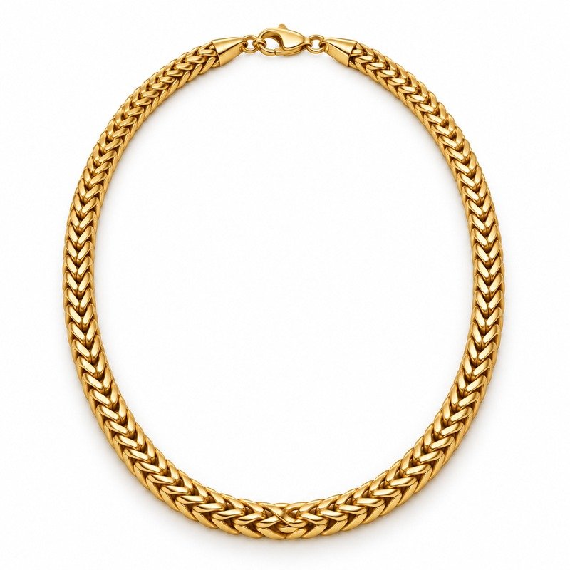mens gold Stainless Steel foxtail chain necklace, front view on white