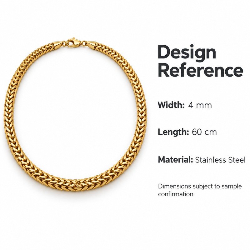 mens gold Stainless Steel foxtail chain necklace, design reference dimensions and material specifications