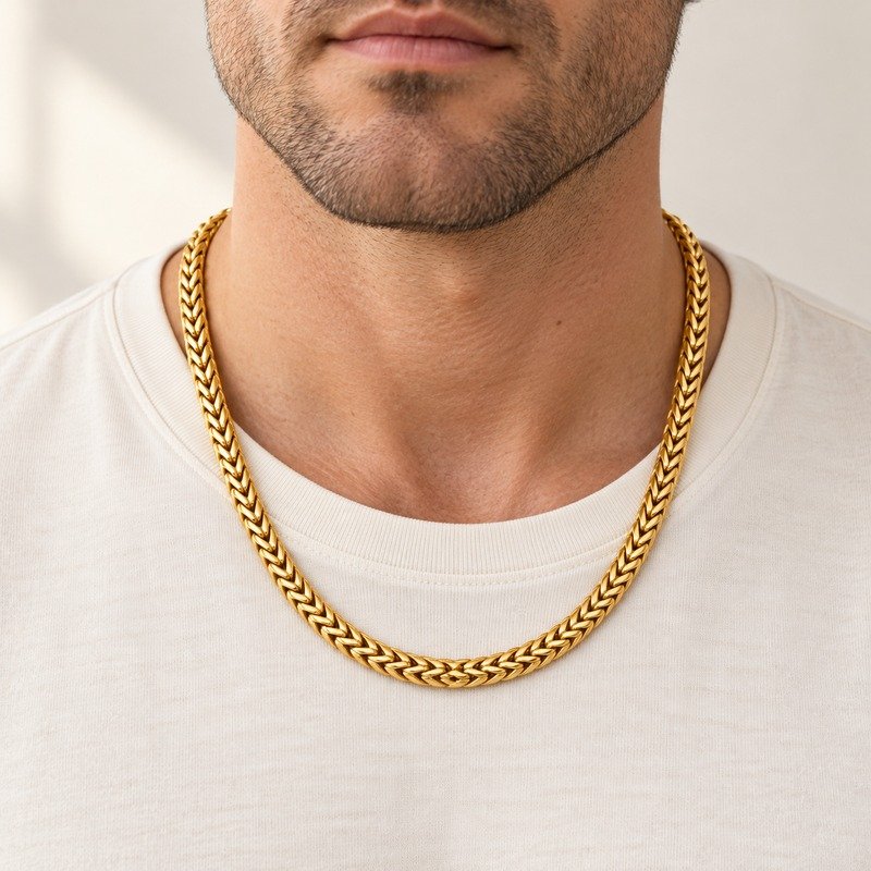 mens gold Stainless Steel foxtail chain necklace, worn by an adult model