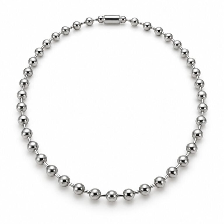 womens silver Stainless Steel ball chain necklace, at a 45-degree angle on white