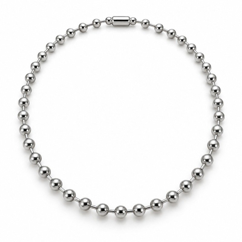 womens silver Stainless Steel ball chain necklace, at a 45-degree angle on white