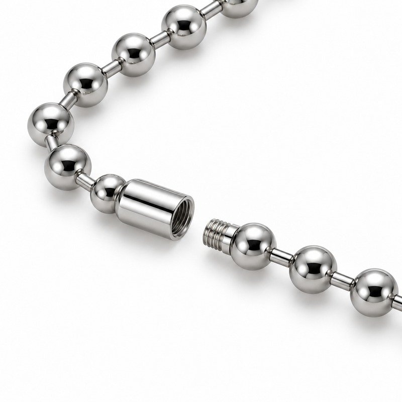 womens silver Stainless Steel ball chain necklace, reverse links and clasp structure on white