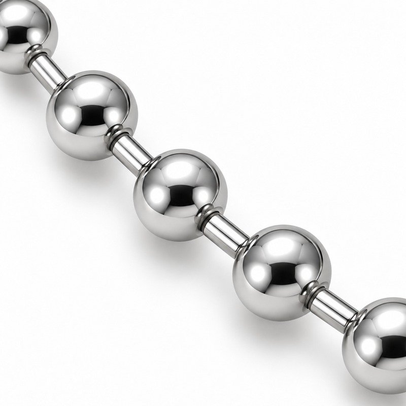 womens silver Stainless Steel ball chain necklace, material and craftsmanship close-up