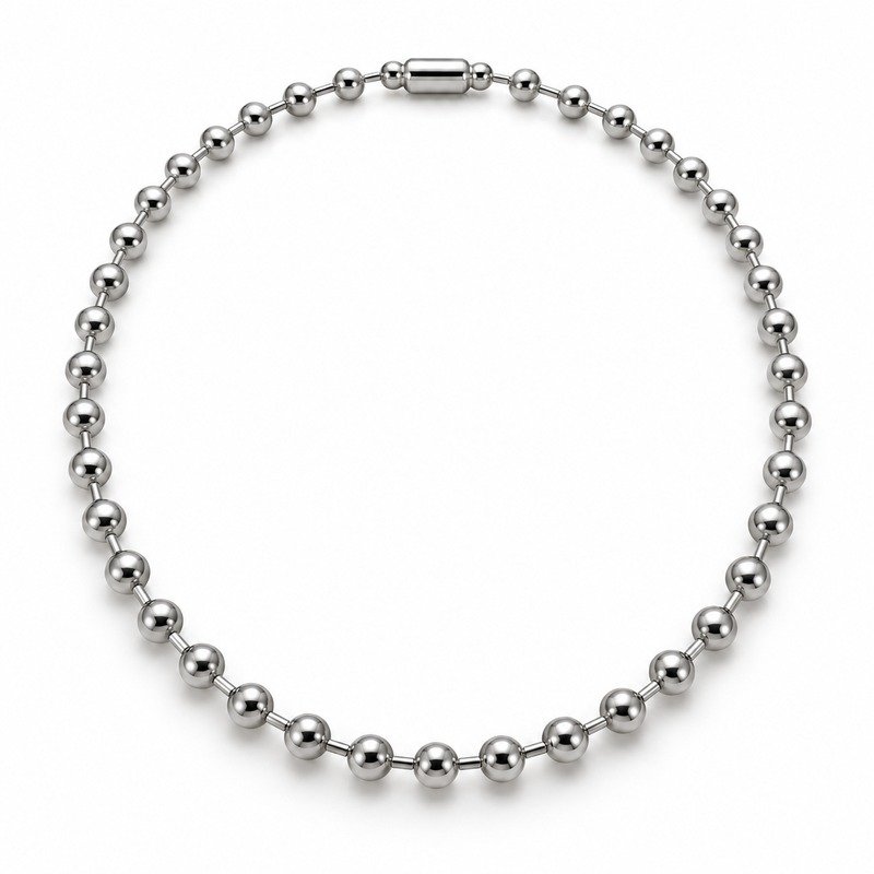 womens silver Stainless Steel ball chain necklace, front view on white