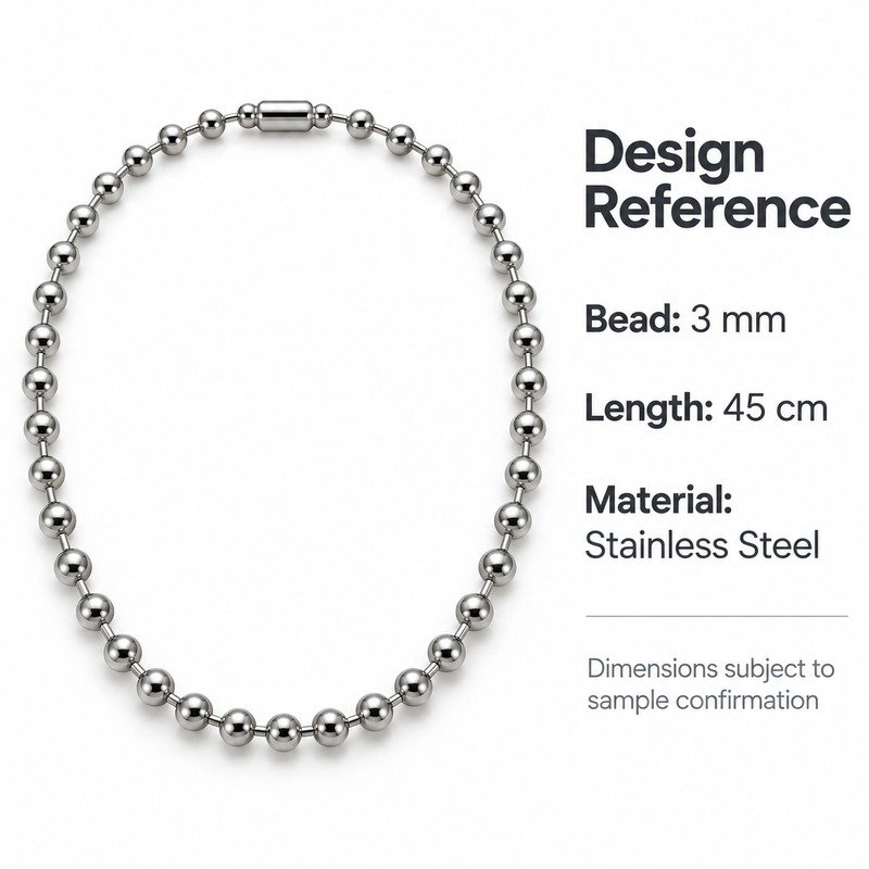 womens silver Stainless Steel ball chain necklace, design reference dimensions and material specifications