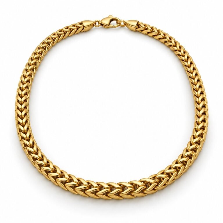 mens gold Stainless Steel franco chain necklace, at a 45-degree angle on white