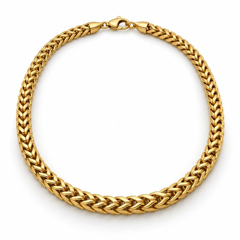 mens gold Stainless Steel franco chain necklace, at a 45-degree angle on white