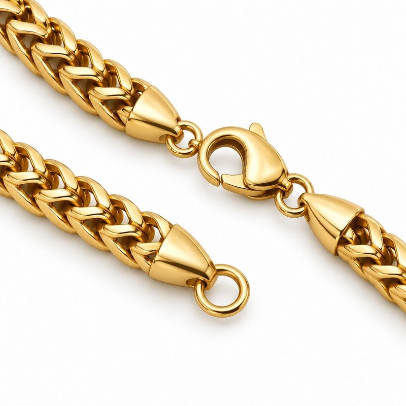 mens gold Stainless Steel franco chain necklace, reverse links and clasp structure on white