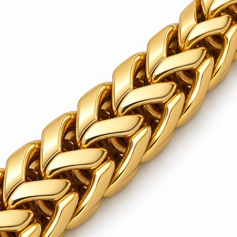 mens gold Stainless Steel franco chain necklace, material and craftsmanship close-up