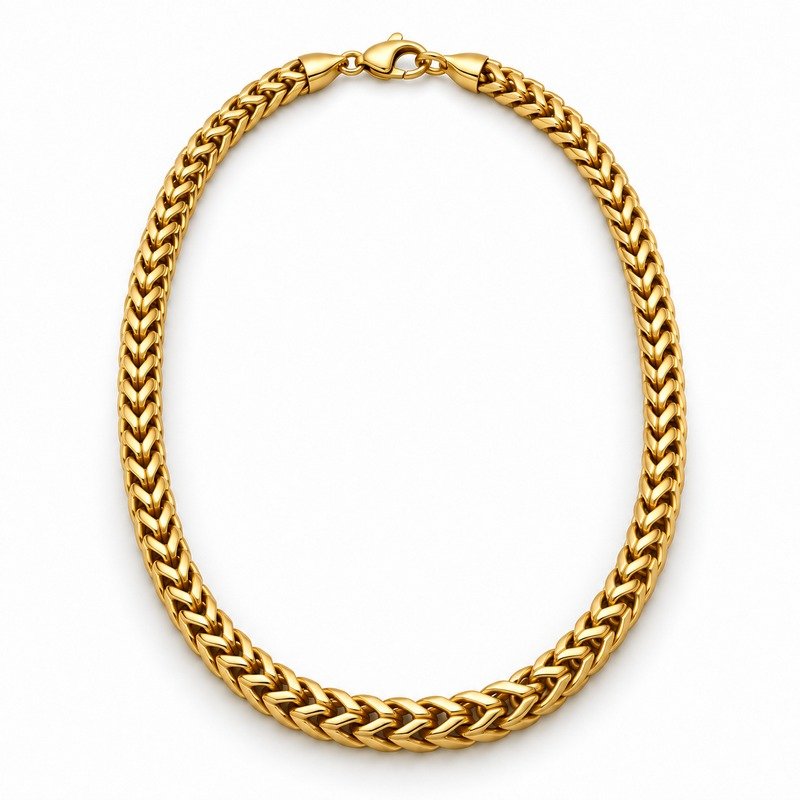 mens gold Stainless Steel franco chain necklace, front view on white