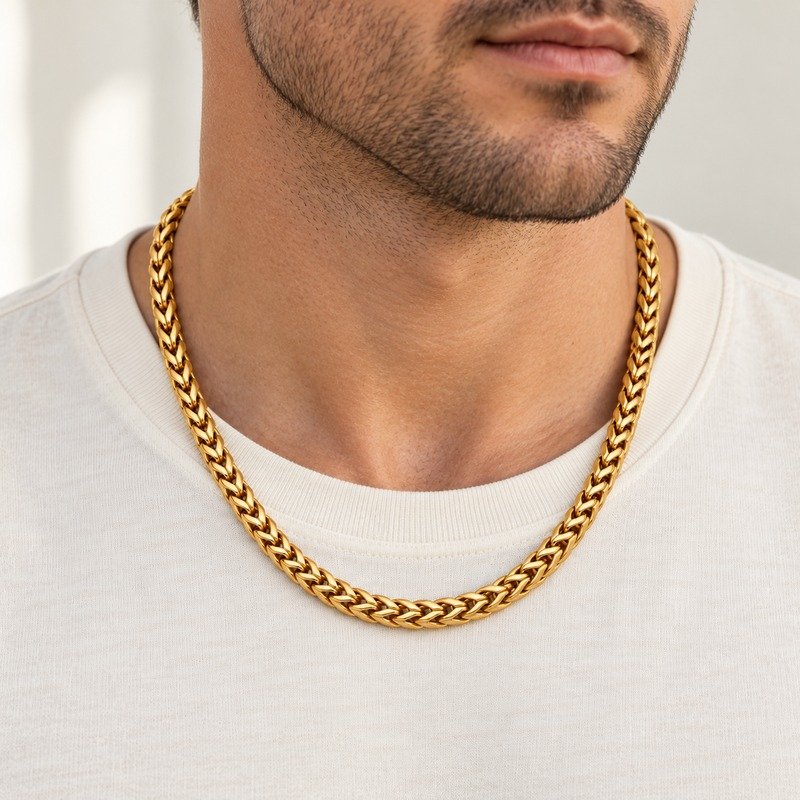 mens gold Stainless Steel franco chain necklace, worn by an adult model