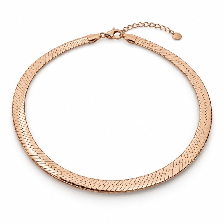 womens rose gold Stainless Steel herringbone necklace, at a 45-degree angle on white