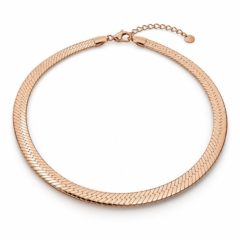 womens rose gold Stainless Steel herringbone necklace, at a 45-degree angle on white