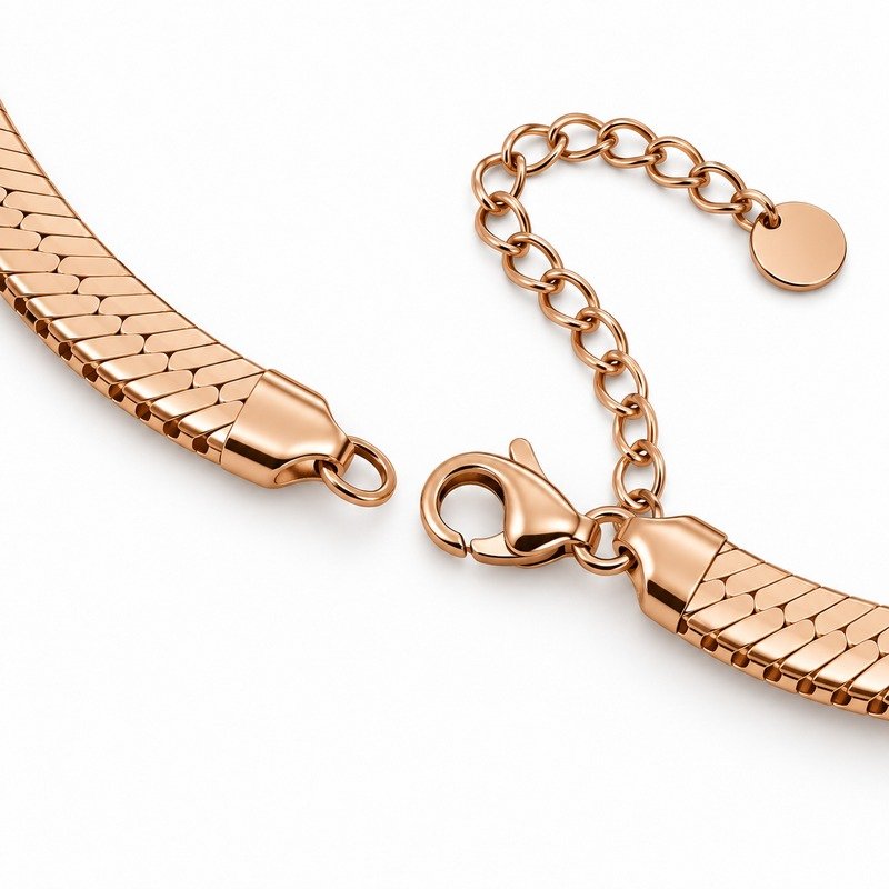 womens rose gold Stainless Steel herringbone necklace, reverse links and clasp structure on white