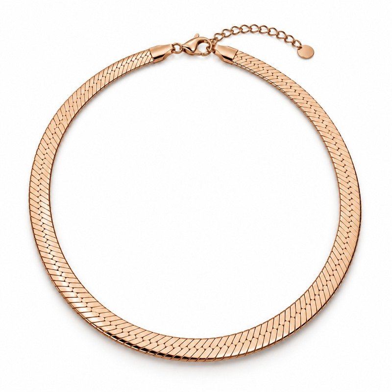 womens rose gold Stainless Steel herringbone necklace, front view on white