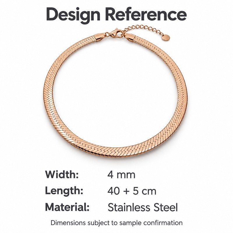 womens rose gold Stainless Steel herringbone necklace, design reference dimensions and material specifications