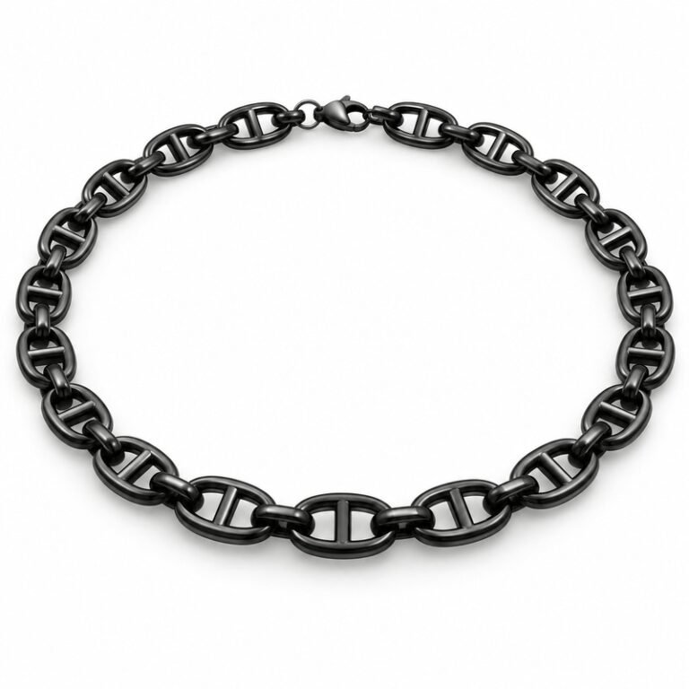 mens black Stainless Steel mariner chain necklace, at a 45-degree angle on white