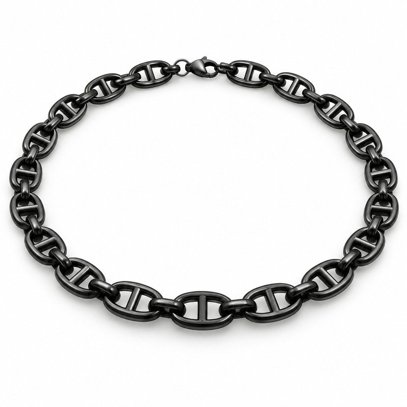 mens black Stainless Steel mariner chain necklace, at a 45-degree angle on white