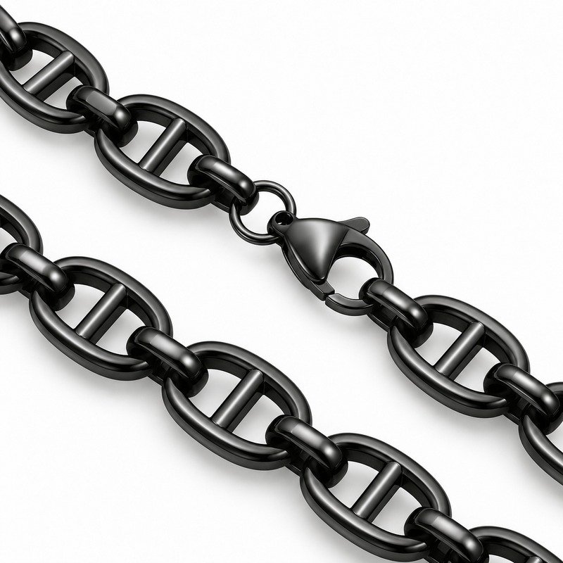 mens black Stainless Steel mariner chain necklace, reverse links and clasp structure on white