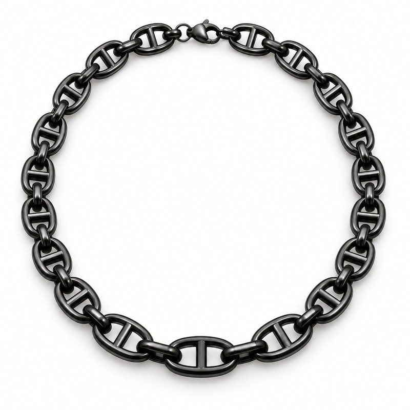 mens black Stainless Steel mariner chain necklace, front view on white