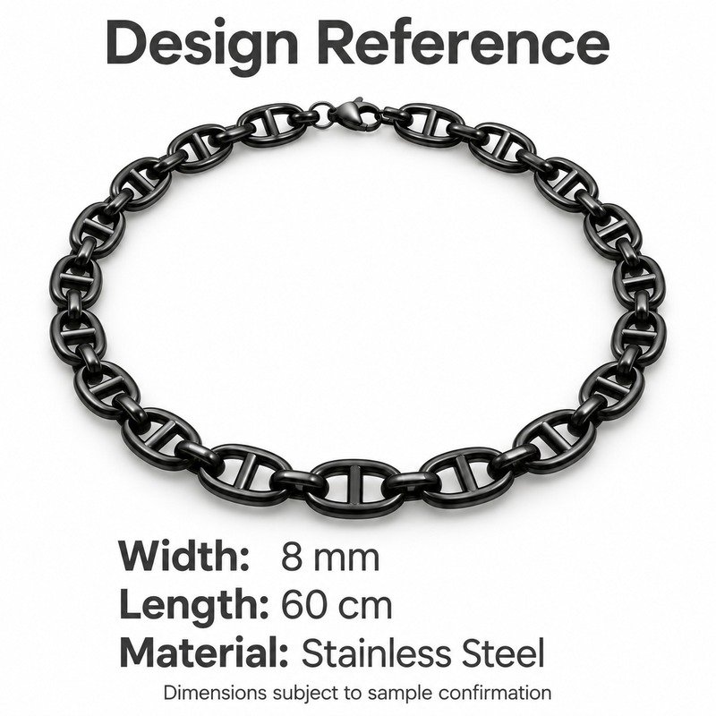 mens black Stainless Steel mariner chain necklace, design reference dimensions and material specifications