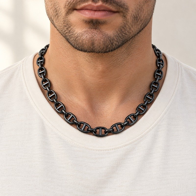 mens black Stainless Steel mariner chain necklace, worn by an adult model