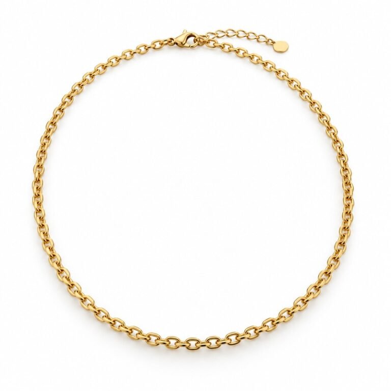 womens gold Stainless Steel cable chain necklace, at a 45-degree angle on white