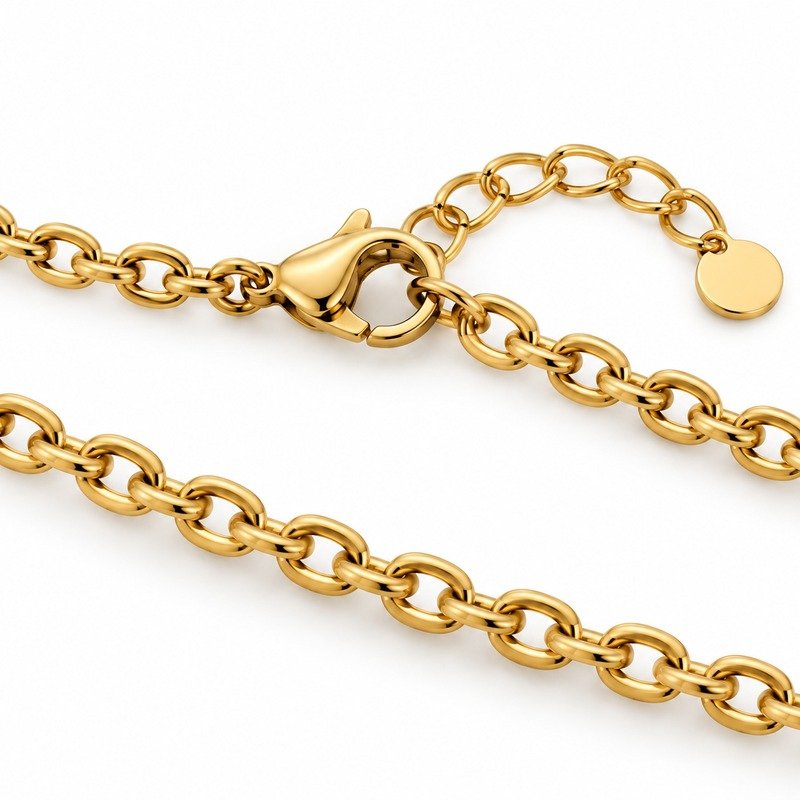 womens gold Stainless Steel cable chain necklace, reverse links and clasp structure on white