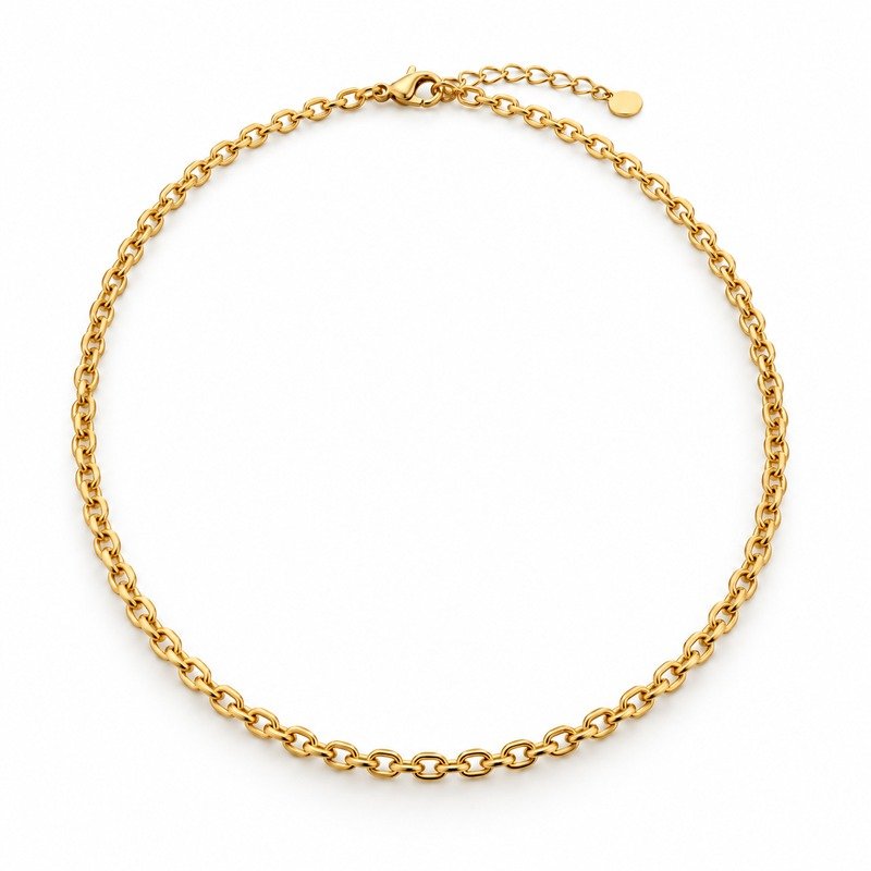 womens gold Stainless Steel cable chain necklace, front view on white