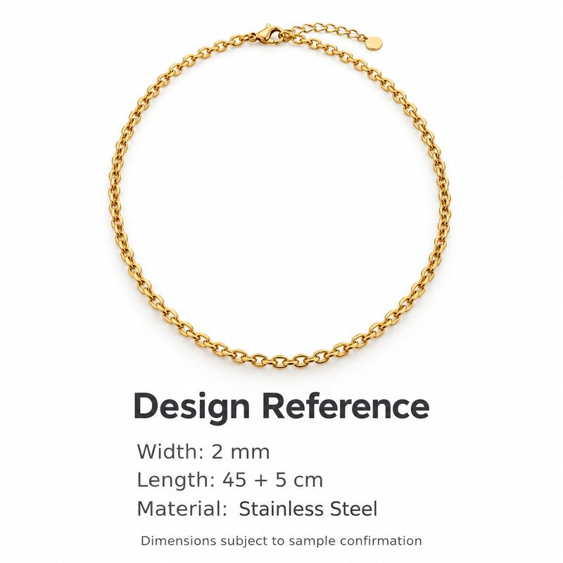 womens gold Stainless Steel cable chain necklace, design reference dimensions and material specifications