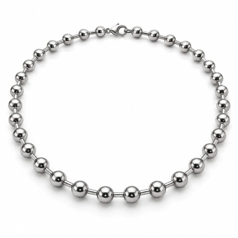 mens silver Stainless Steel ball chain necklace, at a 45-degree angle on white