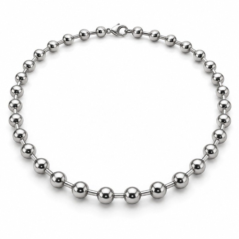 mens silver Stainless Steel ball chain necklace, at a 45-degree angle on white