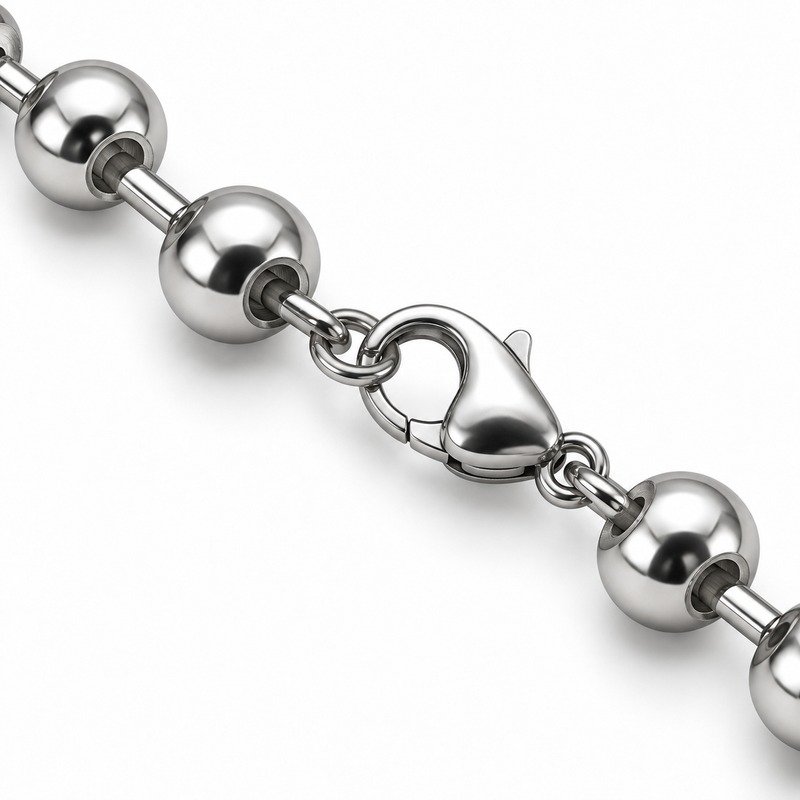 mens silver Stainless Steel ball chain necklace, reverse links and clasp structure on white