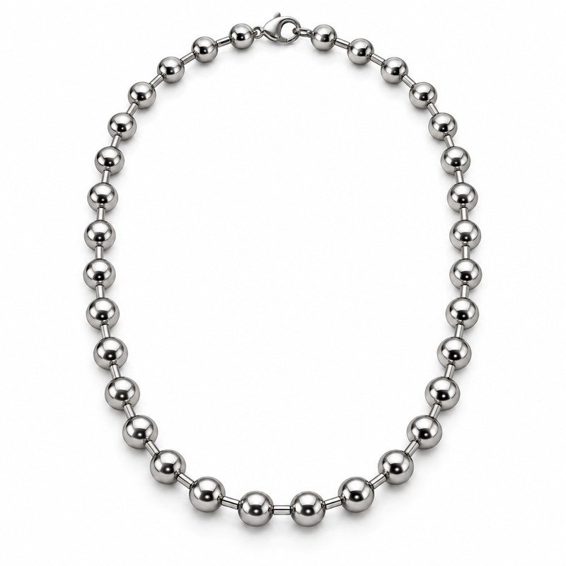 mens silver Stainless Steel ball chain necklace, front view on white