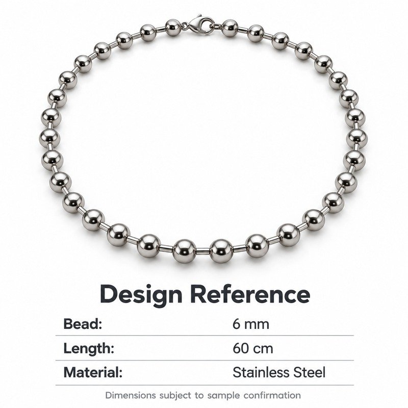 mens silver Stainless Steel ball chain necklace, design reference dimensions and material specifications