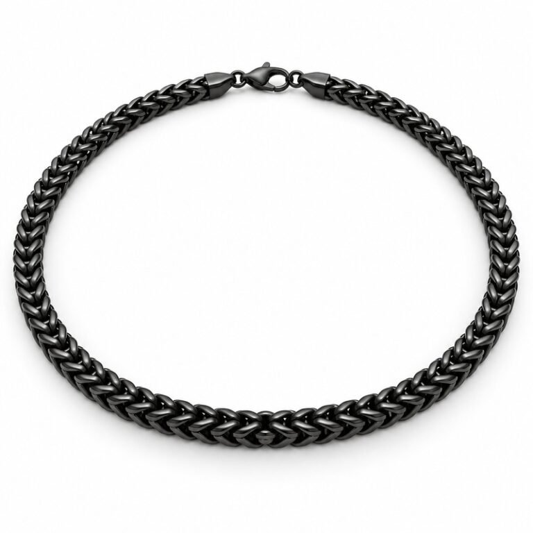 mens black Stainless Steel franco chain necklace, at a 45-degree angle on white