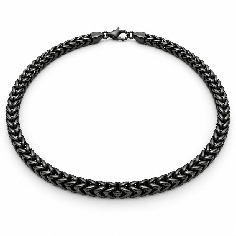 mens black Stainless Steel franco chain necklace, at a 45-degree angle on white