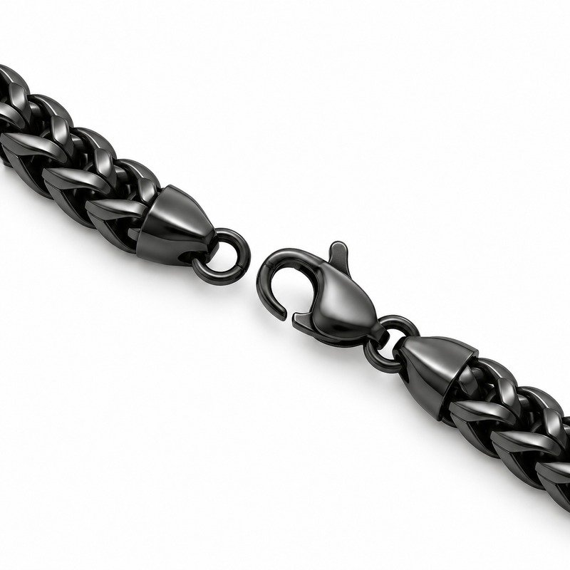 mens black Stainless Steel franco chain necklace, reverse links and clasp structure on white
